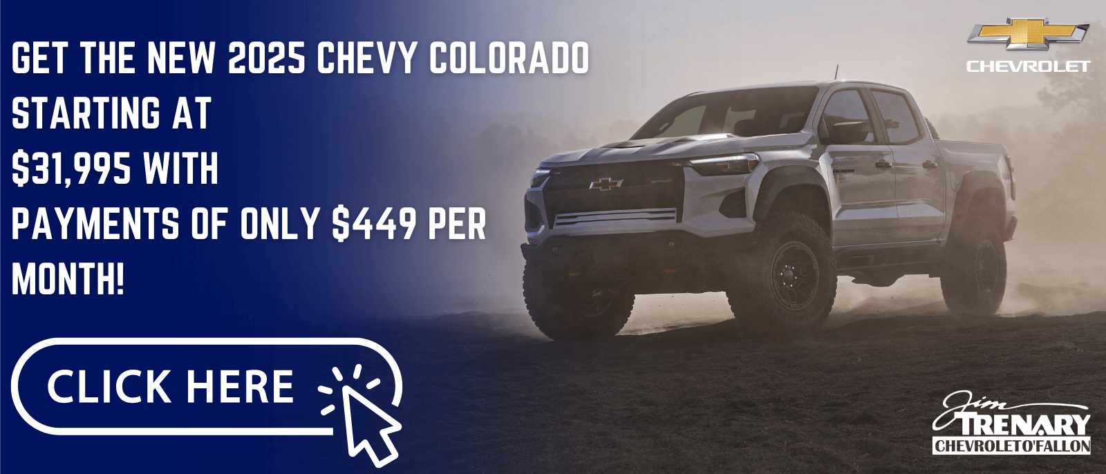 Three pickup trucks sitting in a dusty field near mountains, with special discount off MSRP.